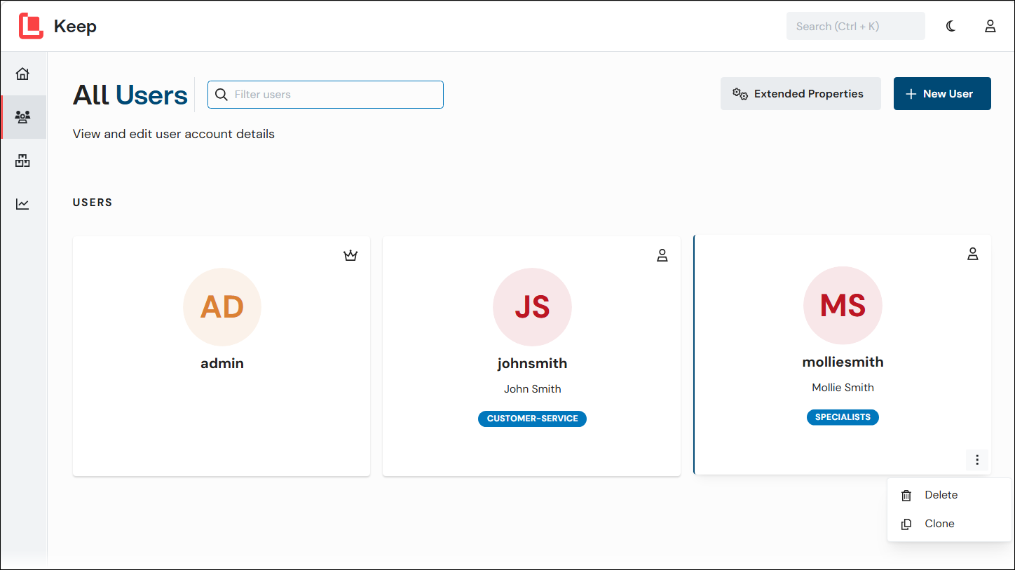 The menu options for a user.